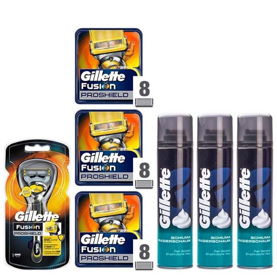 Gillette Fusion ProShield Houder incl 25 Mesjes + 3x Sensitive Scheerschuim 300ml